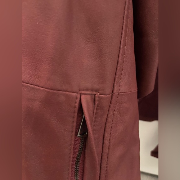 VINCE Burgundy Wine 100% Goat Leather Draped Waterfall Open Front Jacket Medium - Picture 6 of 7